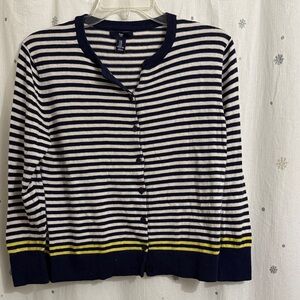 GAP Navy and White Striped Cardigan with Yellow Accent